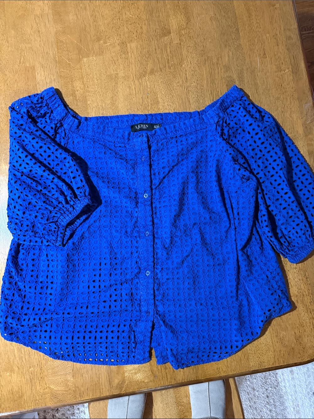 Lauren Ralph Lauren Royal Blue Eyelet Button-Front Top can be off shoulder
